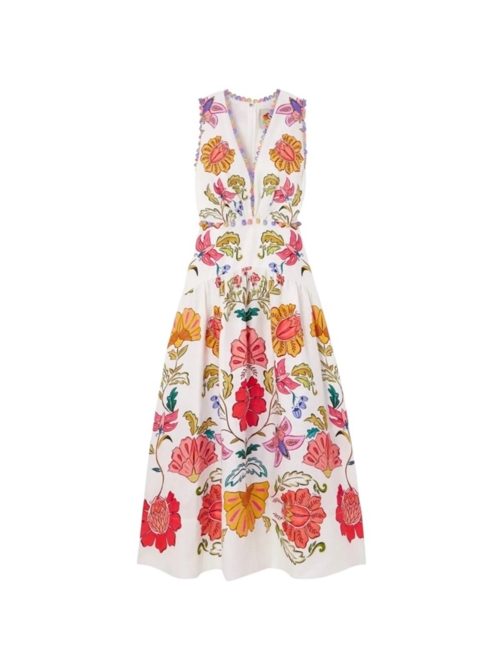 FARM Rio White Midi Dress with Pink, Red, Yellow & Green Floral Embroidery